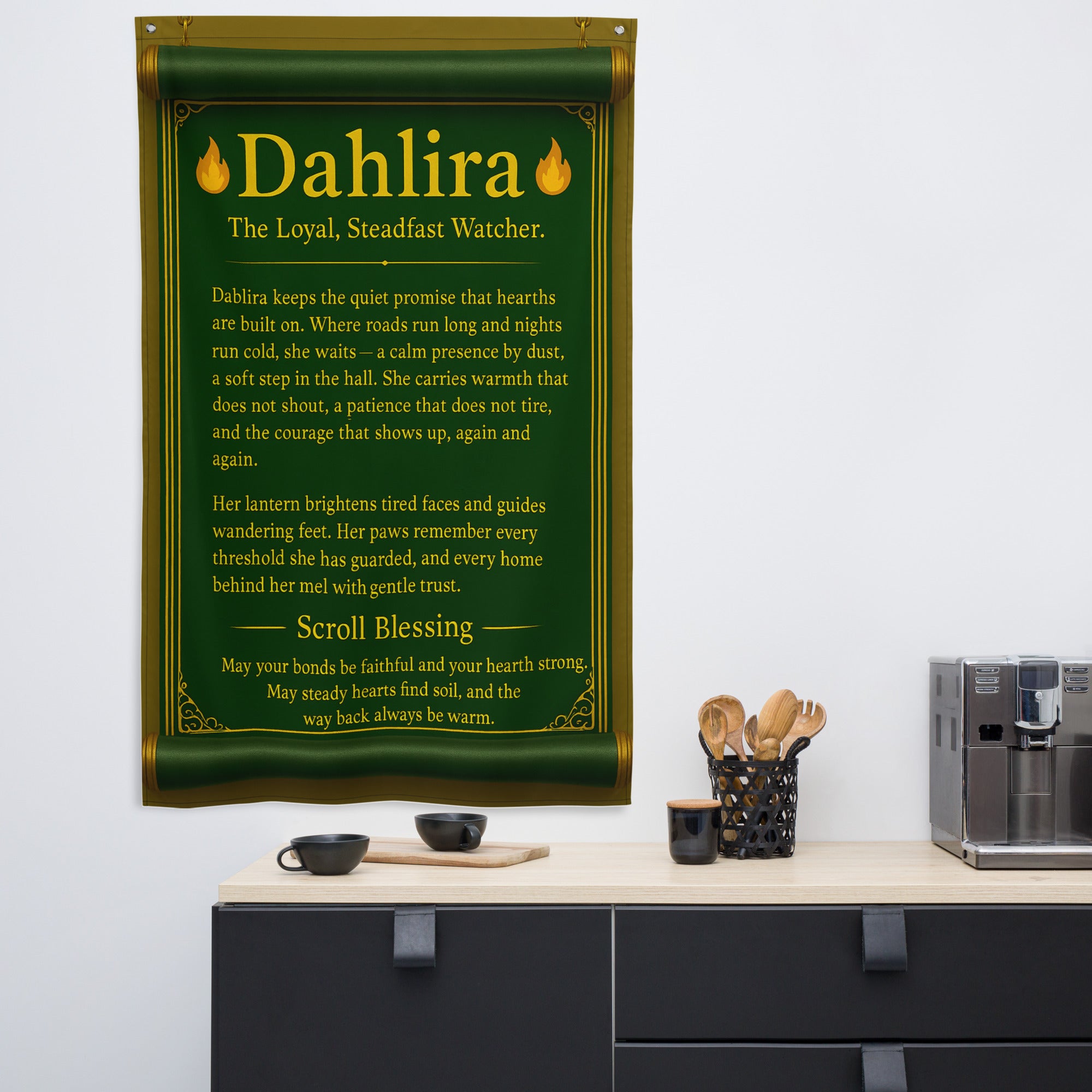 Dahlira – The Loyal Watcher | Scroll Blessing Wall Banner