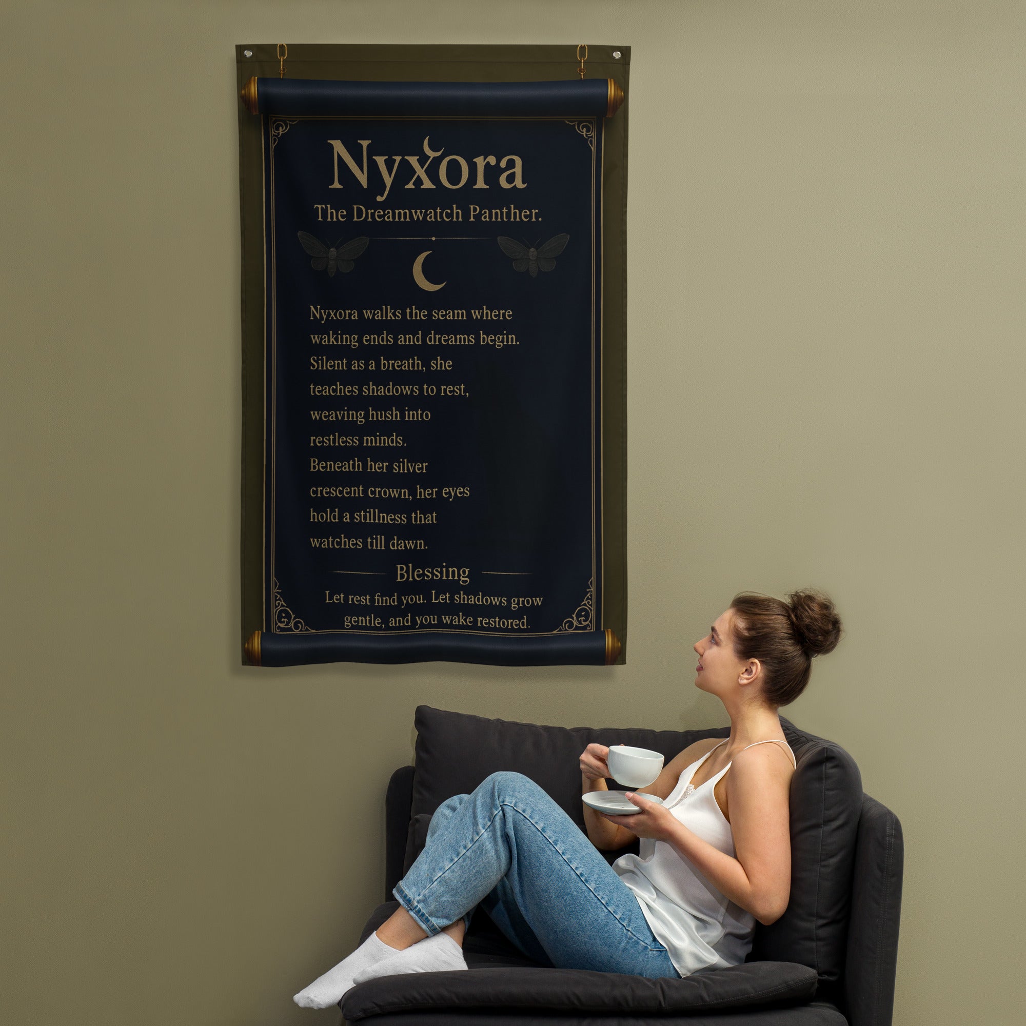 Nyxora – The Dreamwatch Panther Celestial Scroll Flag | Sleep Blessing Wall Art