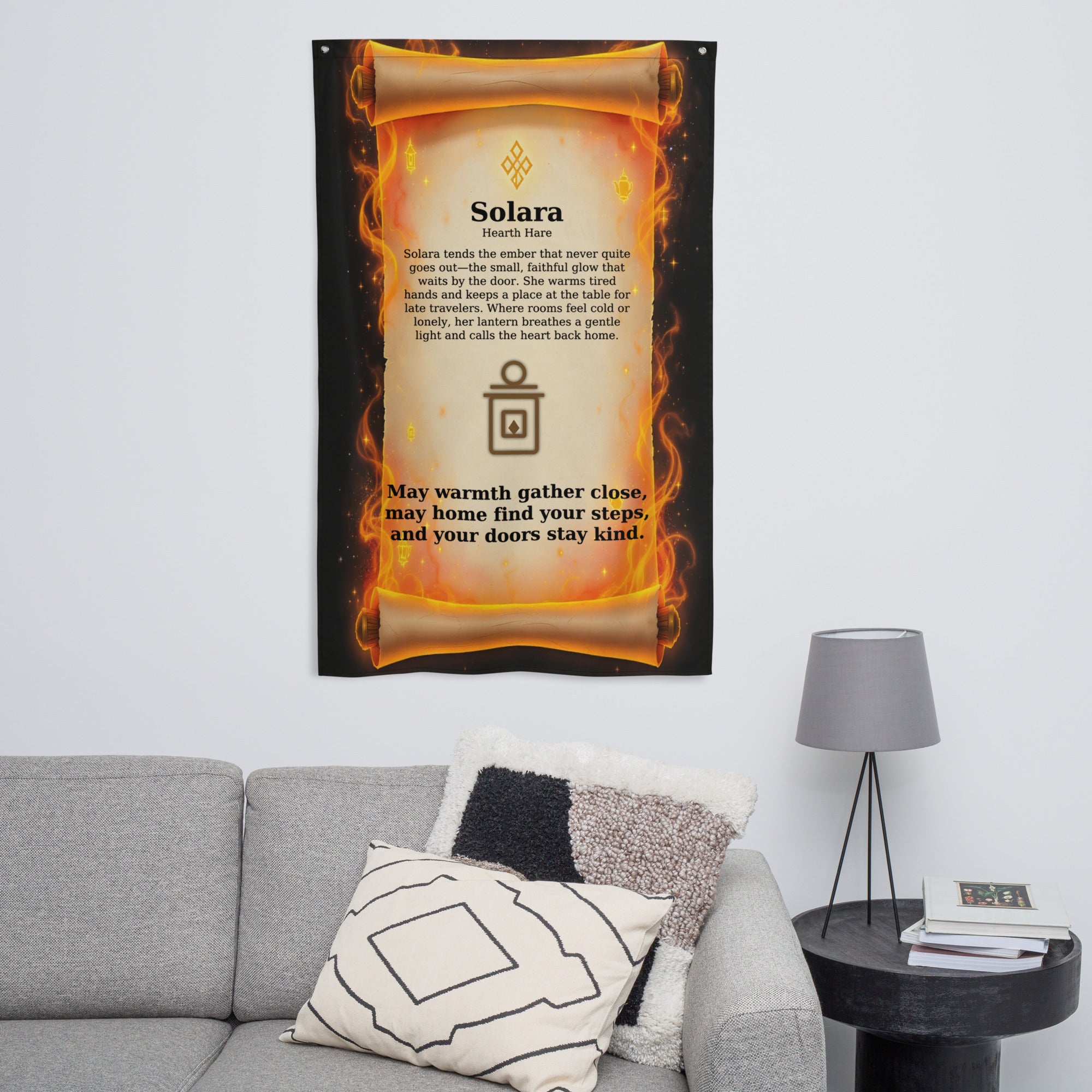 Solara — Hearth Hare Blessing Scroll Flag